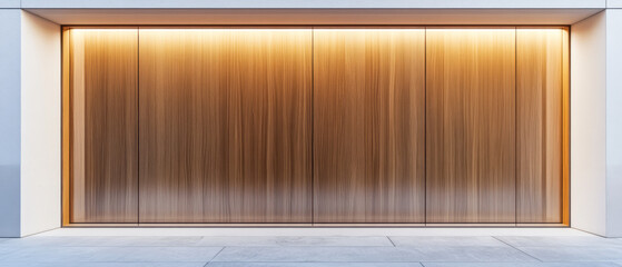 Wall Mural - Contemporary wooden facade with soft lighting creates a warm ambiance at dusk in a modern setting