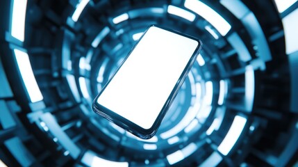 Poster - Smartphone mockup floating over a futuristic background, blank screen glowing with soft white light.
