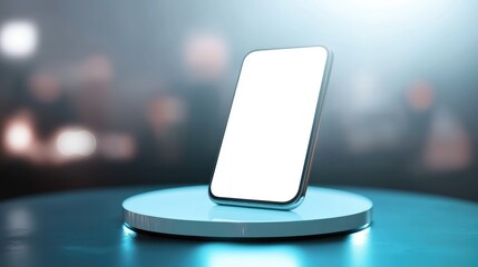 Poster - Smartphone mockup floating over a futuristic background, blank screen glowing with soft white light.