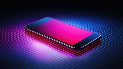 Poster - Smartphone mockup hovering over a digital neon grid, blank screen ready for branding.