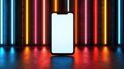 Poster - Smartphone template standing upright in the air, blank display reflecting subtle neon lights.