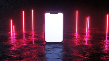 Poster - Smartphone template standing upright in the air, blank display reflecting subtle neon lights.