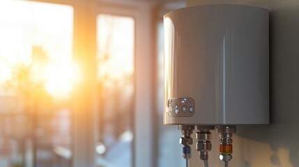 Poster - Smart water heater with Wi-Fi-enabled temperature controls mounted in a high-tech home.