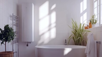Poster - Smart water heating system with remote-controlled temperature settings and sleek design.