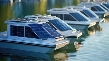 Poster - Solar-powered boats docked at a marina, utilizing clean energy for transportation.