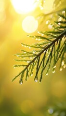 Wall Mural - Close-Up Vibrant Green Thuja Branch, Adorned with Dewdrops, Glistens in Golden Morning Sunlight