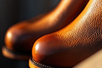 Poster - close-up photo of detailed texture on leather boot illuminated by soft natural lighting with softly blurred background