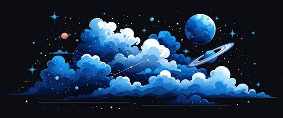 blue nebula space clouds abstract cartoon on plain dark black background illustration