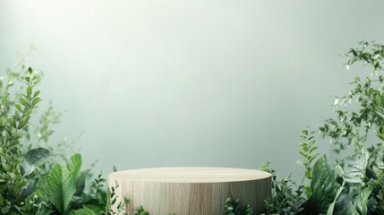 Poster - natural wooden podium surrounded by greenery positioned in soft natural light with wide copy space f