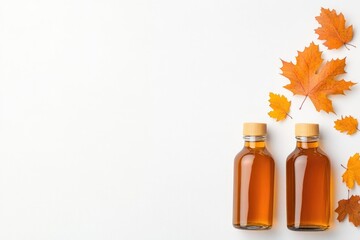 Poster - simple clean arrangement of syrup bottles and maple leaves on plain white background emphasizing minimalism and providing