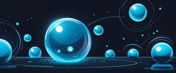 Wall Mural - cyan glowing orbs abstract cartoon on plain dark black background illustration