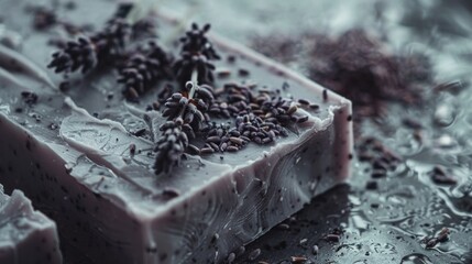 Poster - Lavender soap bar features a smooth surface adorned with dried lavender sprigs. Soft lighting enhances the serene ambiance, highlighting the textures and colors.