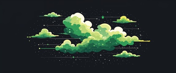 green nebula space clouds abstract cartoon on plain dark black background illustration