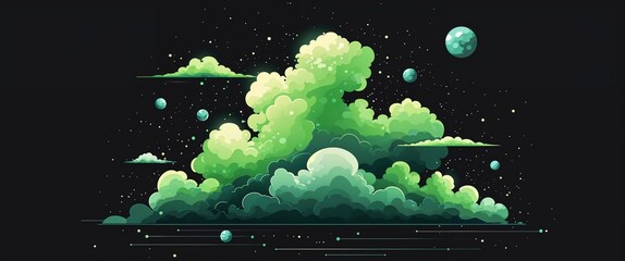 green nebula space clouds abstract cartoon on plain dark black background illustration