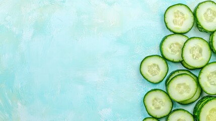 Poster - vibrant rendering of sliced cucumbers arranged in geometric grid pattern set against textured abstract background with
