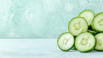 Poster - vibrant rendering of sliced cucumbers arranged in geometric grid pattern set against textured abstract background with