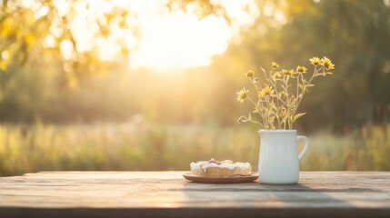 Poster - warm sunrise casting golden light on cozy outdoor breakfast setup surrounded by nature