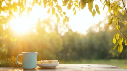 Poster - warm sunrise casting golden light on cozy outdoor breakfast setup surrounded by nature