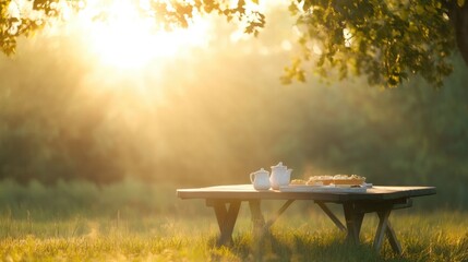Poster - warm sunrise casting golden light on cozy outdoor breakfast setup surrounded by nature