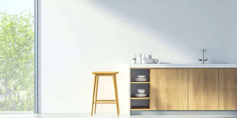 Poster - Bright and modern kitchen interior with a wooden bar stool and minimalist decor elements