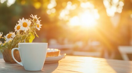 Poster - warm sunrise casting golden light on cozy outdoor breakfast setup surrounded by nature