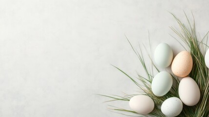 Poster - abstract arrangement of easter grass and eggs placed in swirl on marble table creating elegant composition with lots