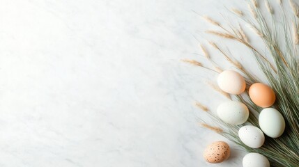 Poster - abstract arrangement of easter grass and eggs placed in swirl on marble table creating elegant composition with lots