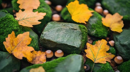 Poster - capture essence of goblincore with earthy textures moss-covered rocks and scattered acorns