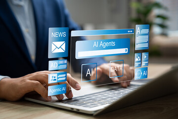 Fototapete - AI agents,  AI powered business Solutions, AI assistants support human intelligence, Smart assistants for optimized workflows, AI driven solutions empower business, Automate tasks, Drive innovation.
