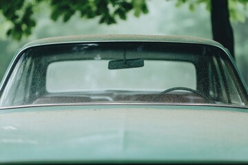 Wall Mural - car parked under tree during spring its windshield and hood covered in fine layer of pollen dust creating textured