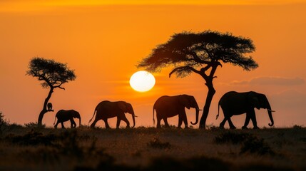 Poster - A group of elephants strolls across the landscape during sunset, creating silhouettes against the golden sky and featuring acacia trees in the distance.