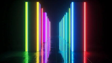 Poster - Bright neon lights illuminating a dark corridor with reflections