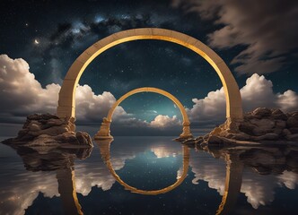 Wall Mural - A surreal night sky scene with two glowing golden archways floating in the clouds