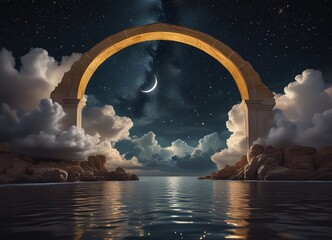 Wall Mural - A surreal night sky scene with a glowing golden archway floating in the clouds