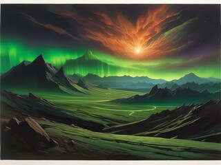 Wall Mural - An illustration of a dark otherworldly landscape with jagged mountains stretching into the distance