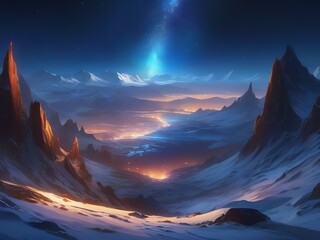 Wall Mural - An illustration of a vast icy landscape at night surrounded by towering, jagged mountains under a clear, starry sky