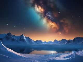 Wall Mural - An illustration of a vast icy landscape at night surrounded by towering, jagged mountains