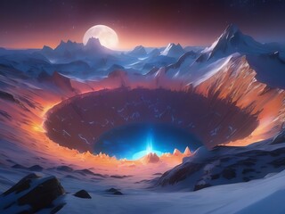Wall Mural - An illustration of an icy landscape at night surrounded by towering mountains under a clear, starry sky