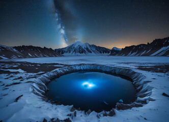Wall Mural - A vast icy landscape at night surrounded by towering, jagged mountains under a clear sky