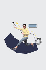 Poster - Vertical 3d artwork collage of happy businessman run arrow success statistics development hold smartphone growth bubble progress