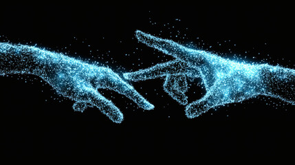 Poster - Two hands almost touching, created with glowing blue particles on a black background
