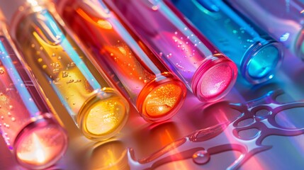 Aufkleber - Vibrant test tubes in shades of yellow, orange, pink, and blue are arranged side by side on a smooth surface, reflecting colors in soft afternoon light while droplets glisten around them.