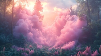 Poster - Radiant light filters through towering trees as fluffy pink clouds weave through a lush green forest. A whimsical atmosphere captivates the senses during early morning, evoking wonder