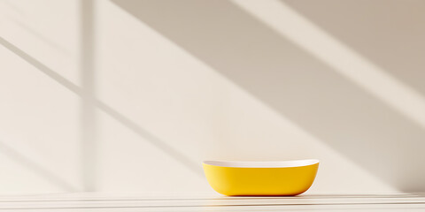 Aufkleber - A yellow bowl sits on a bright surface, illuminated by window light casting shadows, highlighting a clean and minimalist scene.
