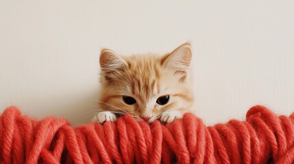 Wall Mural - A curious orange kitten peeks over a vibrant red rope, showcasing its playful demeanor and adorable features.