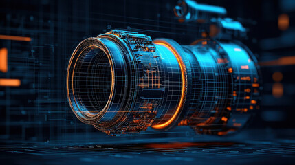 Poster - futuristic camera lens with intricate circuitry and glowing elements, showcasing advanced technology and design. vibrant colors and detailed structure evoke sense of innovation and creativity