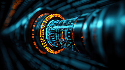 Fototapete - futuristic three dimensional perspective of glowing data tunnel, showcasing intricate circuit patterns and vibrant orange lights. design evokes sense of advanced technology and innovation
