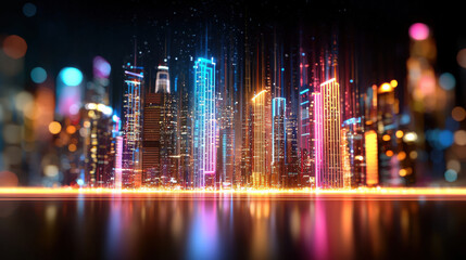 Poster - vibrant digital cityscape featuring illuminated skyscrapers and colorful lights reflecting on water, creating futuristic atmosphere