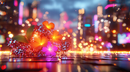 Poster - vibrant digital flower arrangement with glowing petals and leaves, set against colorful cityscape background filled with bright lights and bokeh effects, creating magical atmosphere