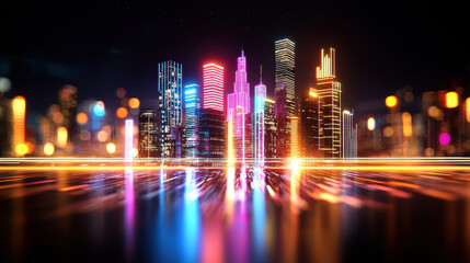 Poster - vibrant digital cityscape at night, showcasing illuminated skyscrapers and colorful lights reflecting on water. scene evokes sense of modernity and energy